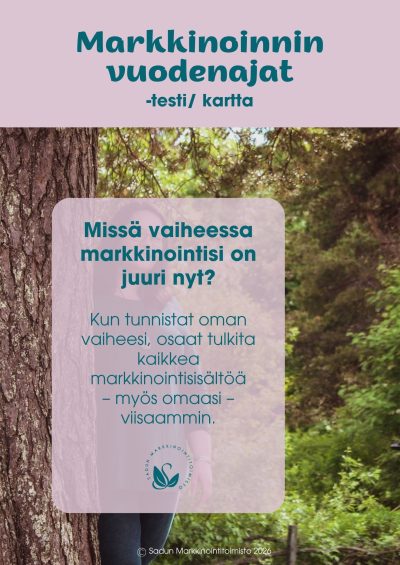 Markkinoinnin vuodenajat -testin kansilehti. Lehdessä teksti: Missä vaiheessa markkinointisi on juuri nyt? Kun tunnistat oman vaiheesi, osaat tulkita kaikkea markkinointisisältöä – myös omaasi – viisaammin.